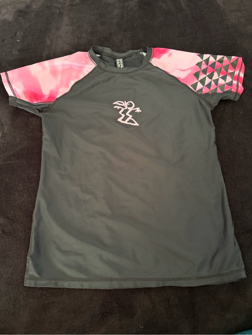 Kids Rash Guard Swim Top - Black with Pink Sleeves
